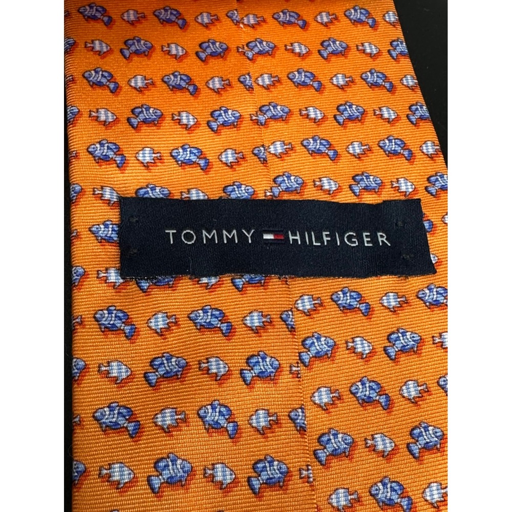 Tommy Hilfiger Men's Necktie Orange Garibaldi Fish Print  Silk Made in USA 55"